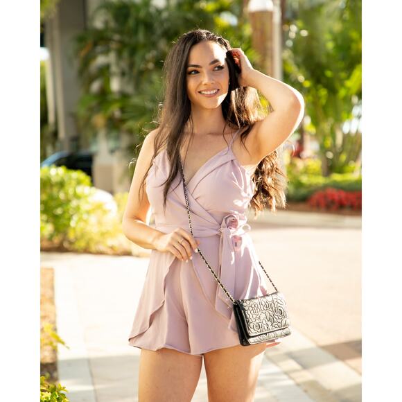Mauve Lavender Romper With Ribbon Belt - L - Picture 4 of 8